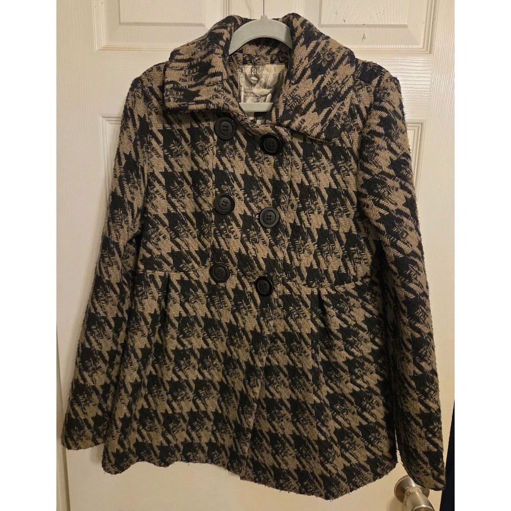 Mac & Jac houndstooth double-breasted pea coat wide collar gathered waist Medum